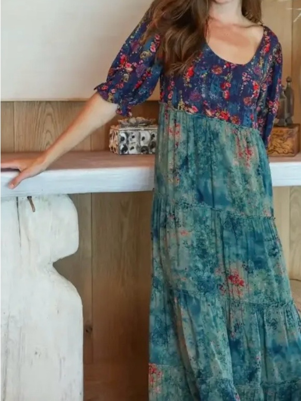 NATURAL LIFE Navy Floral and Teal Tiered Maxi Dress